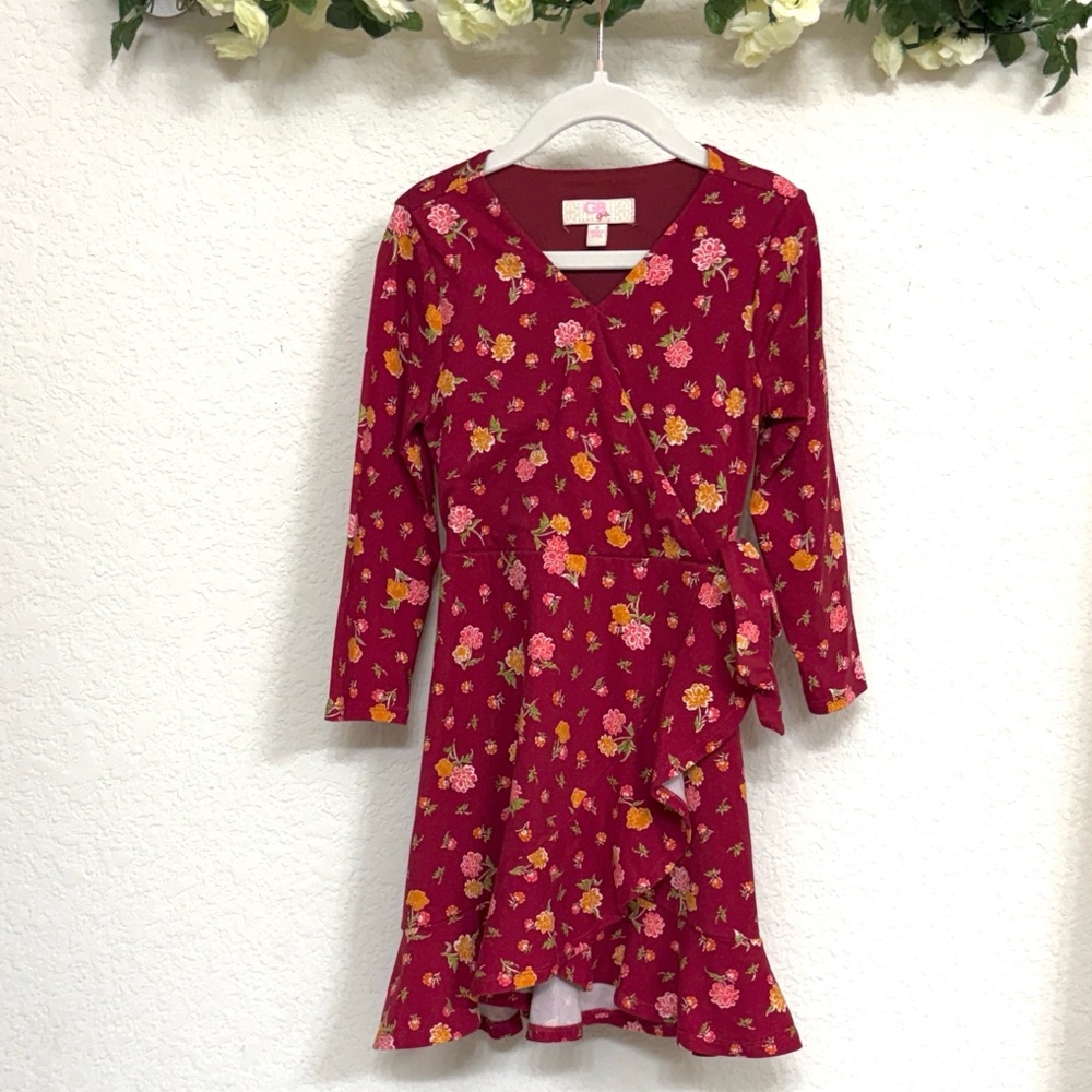 Gianni Bini • Girls Burgundy Floral Ruffle Wrap Style Long Sleeve Dress